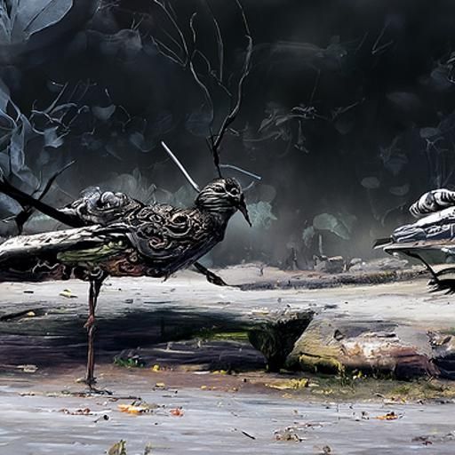 Steel Samurai Bird in Overgrown City, Hyperrealist Art