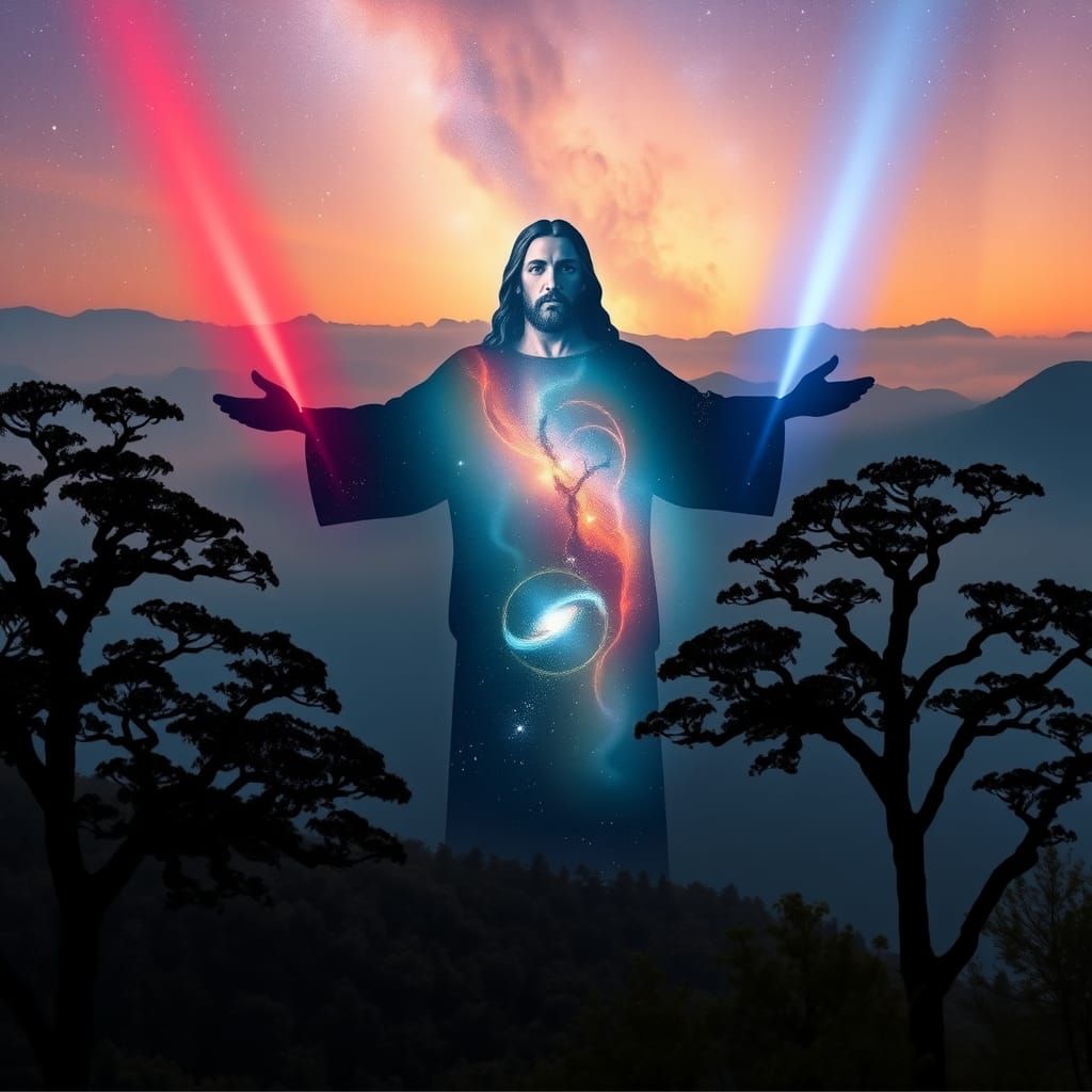 Jesus Silhouette Embracing Cosmos in Twilight Forest
