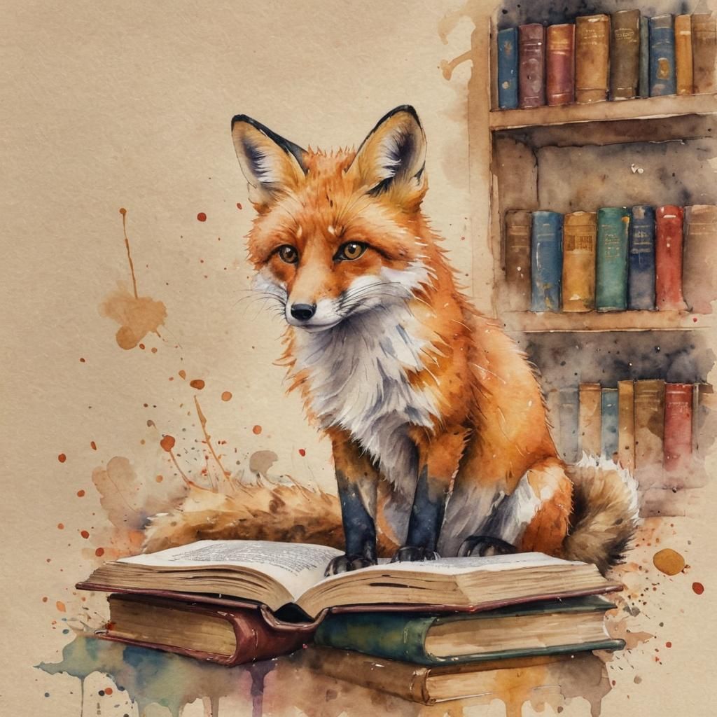 Watercolor Fox Reading in Library