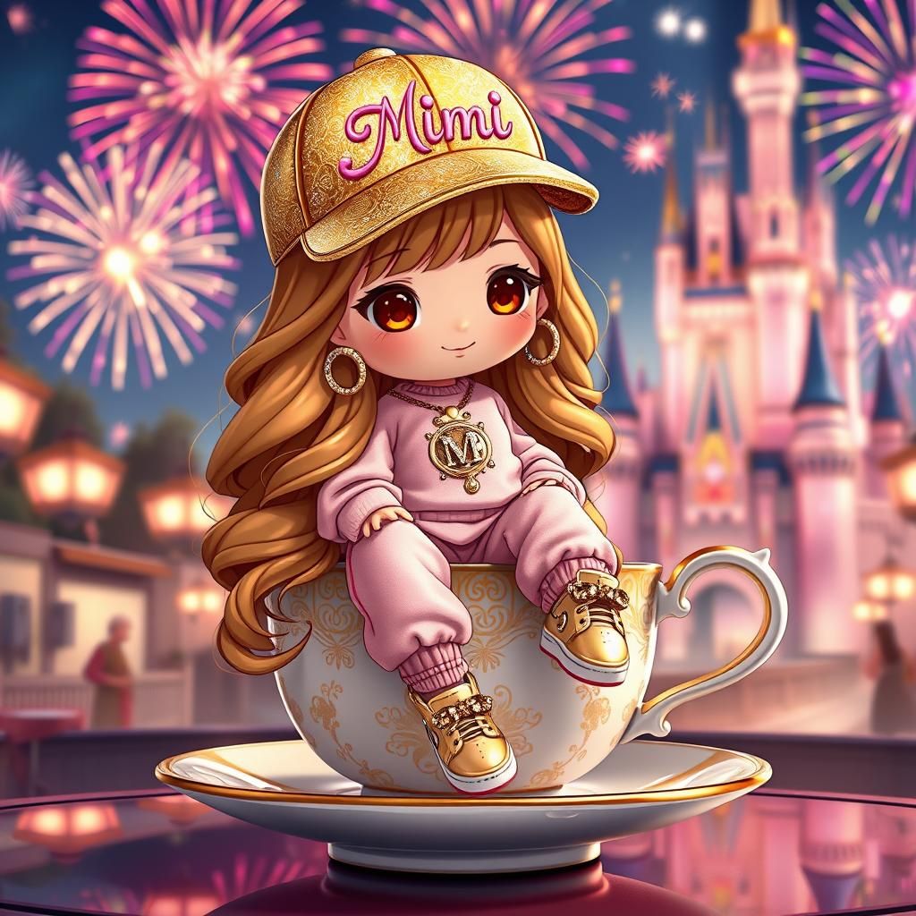 Fashionable Chibi Character on Teacup, 3D Render