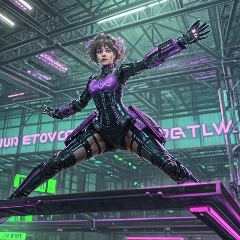 Cyberpunk Android Breakdancer in Mint PVC Dress