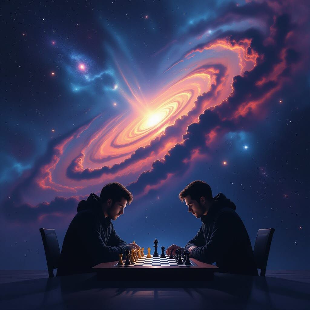 Cosmic Chess Player Contemplating Moves in Nebula
