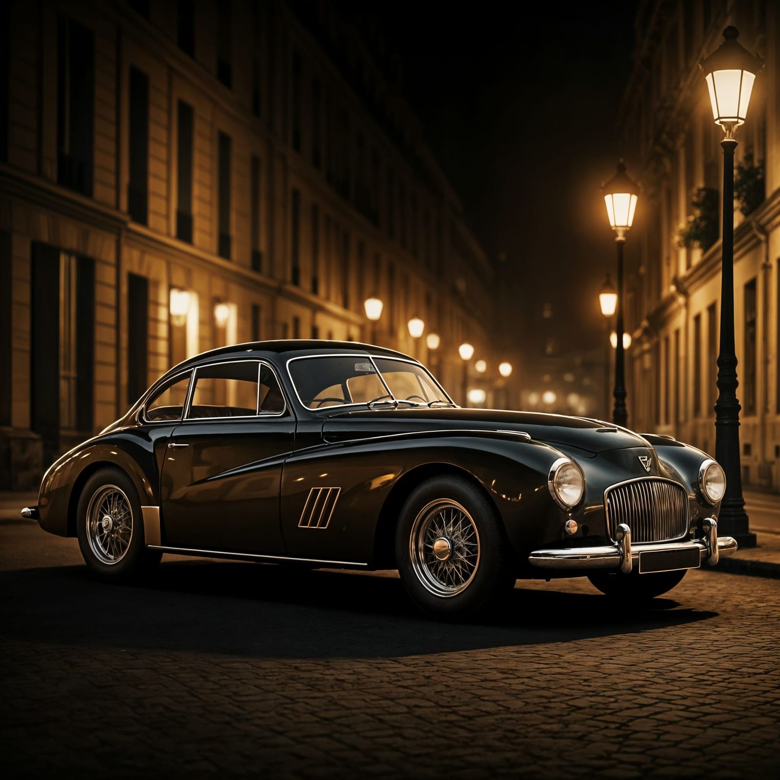 1940s Black Sports Car in Gritty Street Photography Style