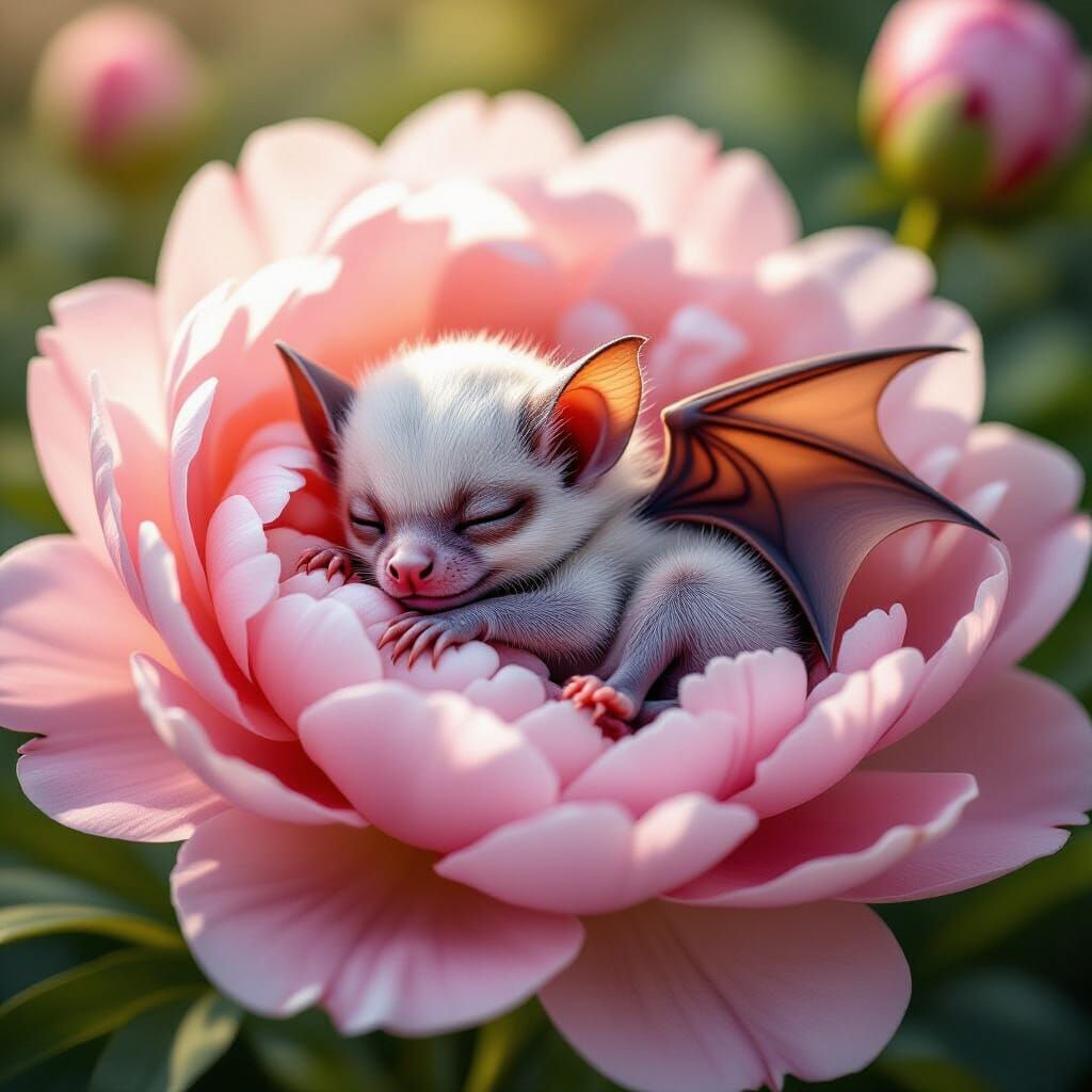 Hyperrealistic Baby Bat Sleeps on Pink Peony