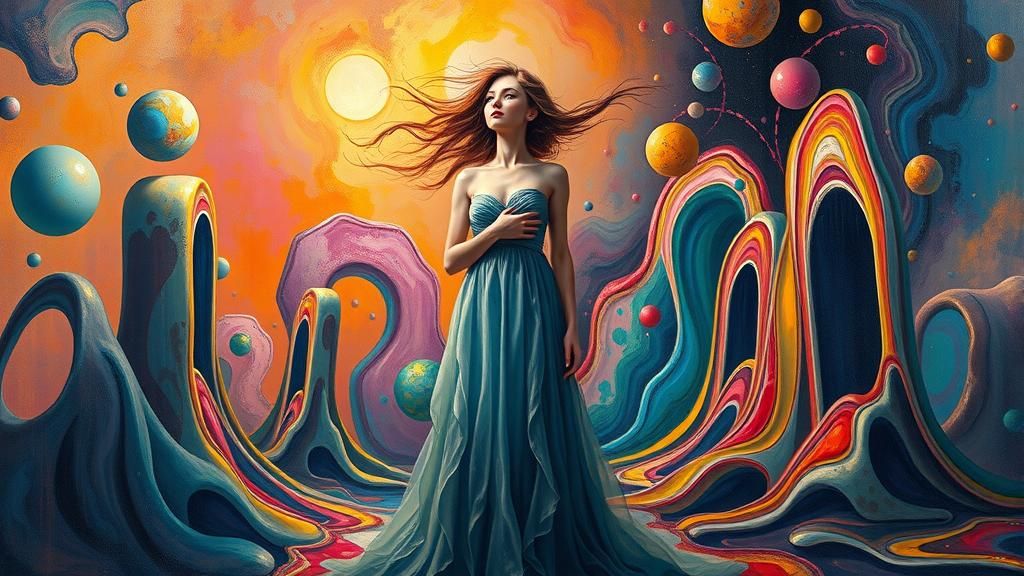 Dreamlike Woman in Surreal Melting Landscape as Oil Painting