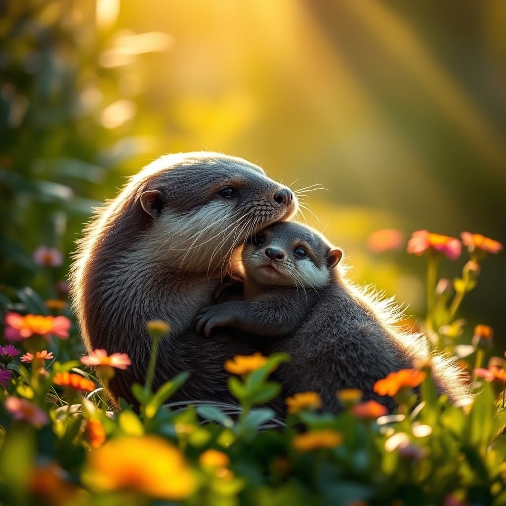 Motherly Otter Embracing Her Adorable Baby in Lush Greenery