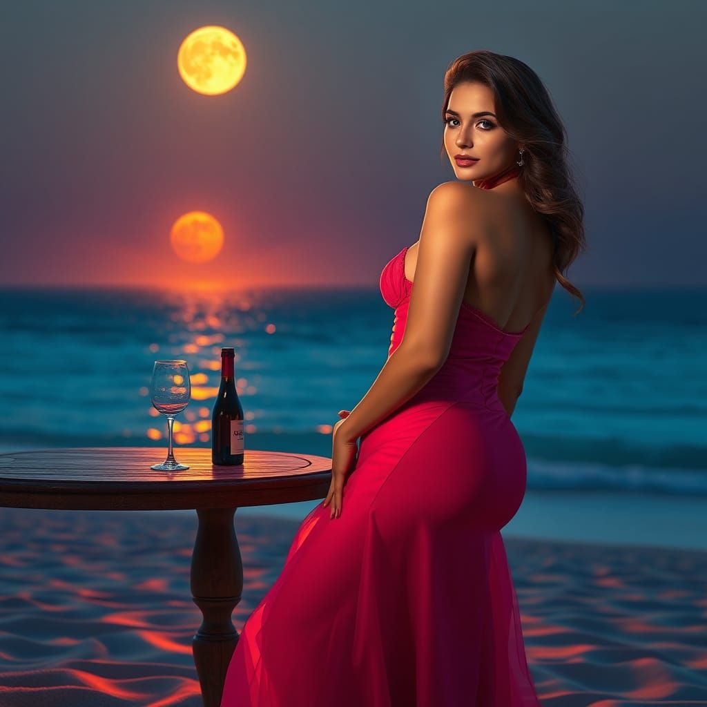 Elegant Woman on Beach with Wine, Ash Thorp Style