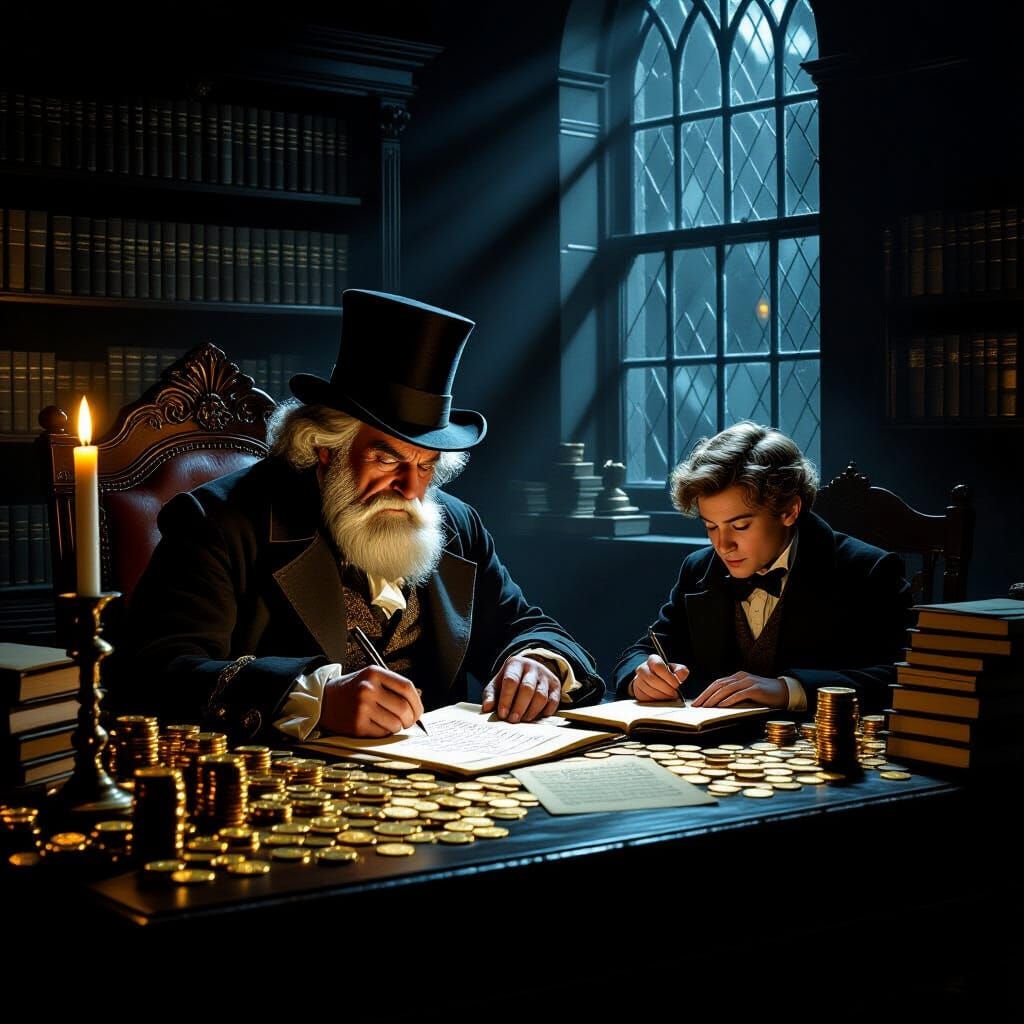 Scrooge and Cratchit in Dickensian Office