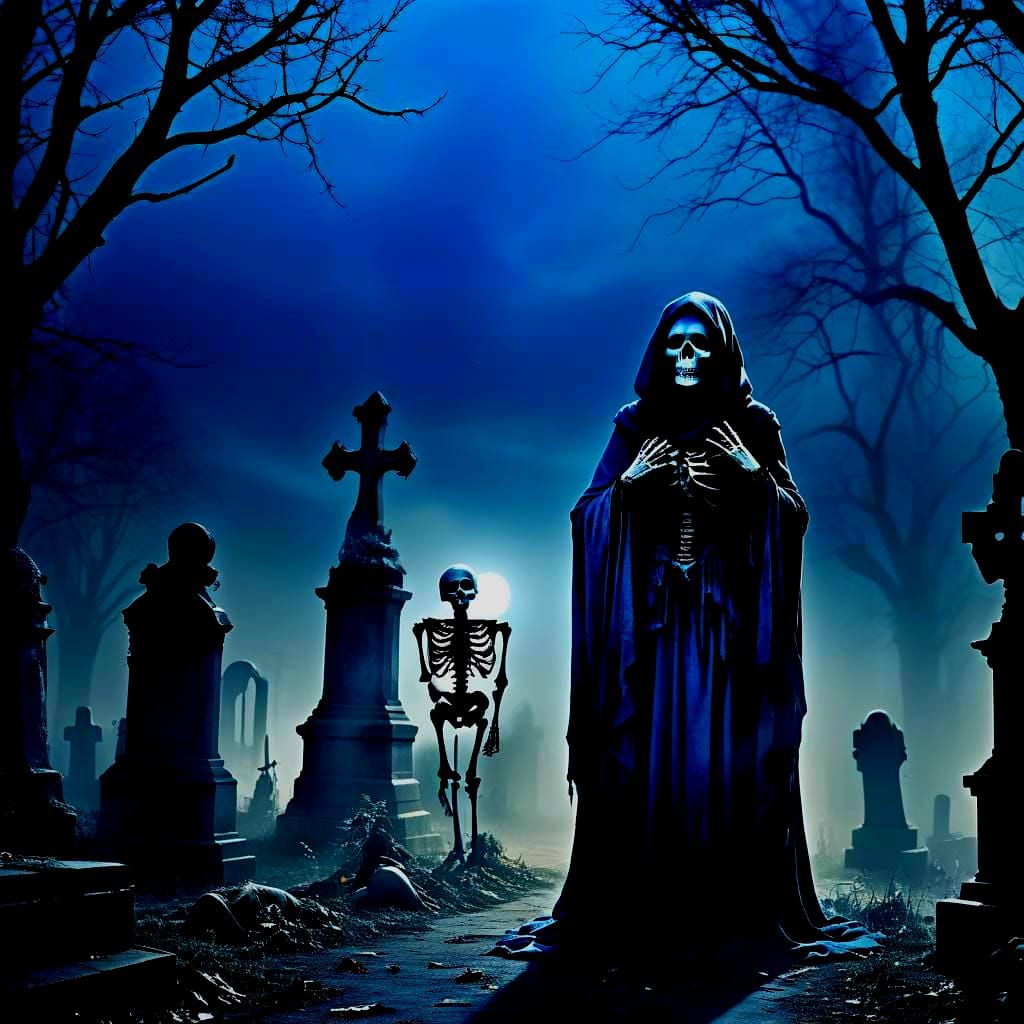 Haunting Halloween Night: Ghost, Skeleton, and Blue Moon