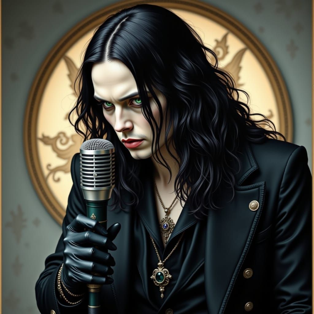Ville Valo Singing Intensely with Green Eyes and Wavy Dark H...