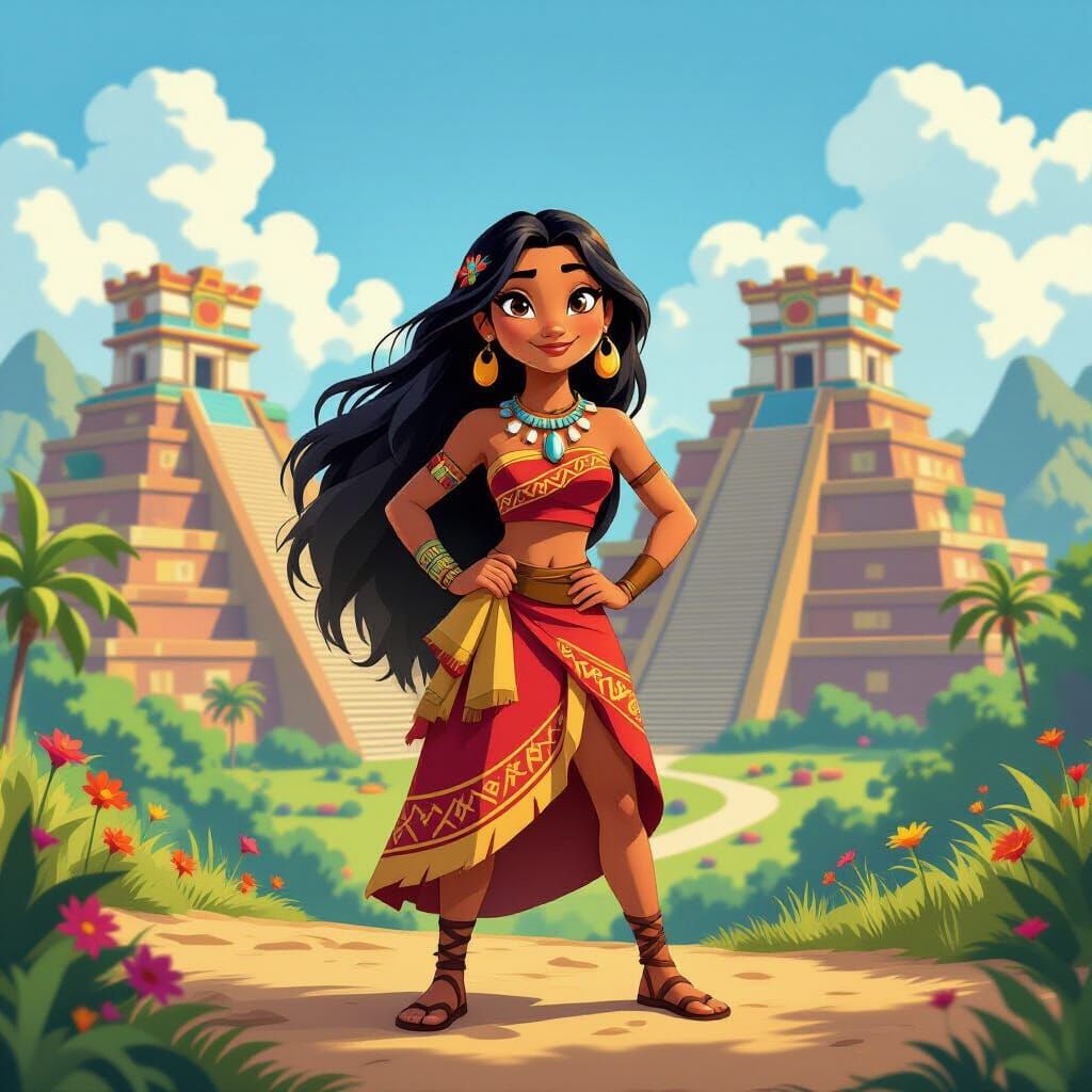 Disney-Style Mayan Guide Before Colorful Pyramids