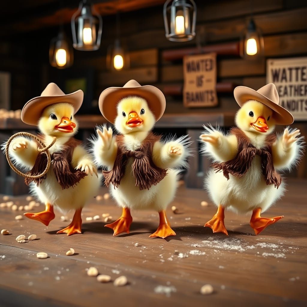 Cowboy Ducklings Line Dancing in a Saloon