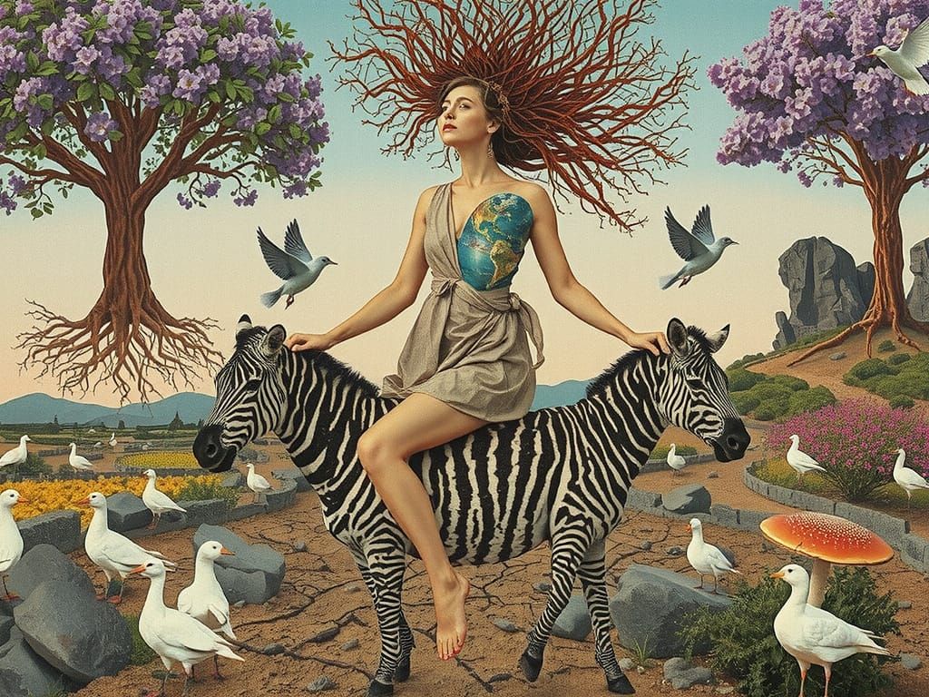 Goddess of Life Rides Zebra Through Cosmic Surreal Landscape