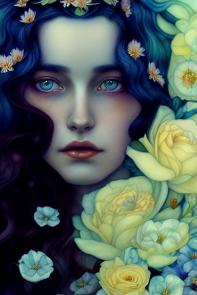 Gothic Art Nouveau Queen with Flowers Portrait