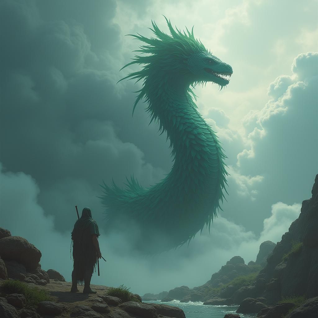 Aztec Serpent God Mixcoatl in Ethereal Landscape