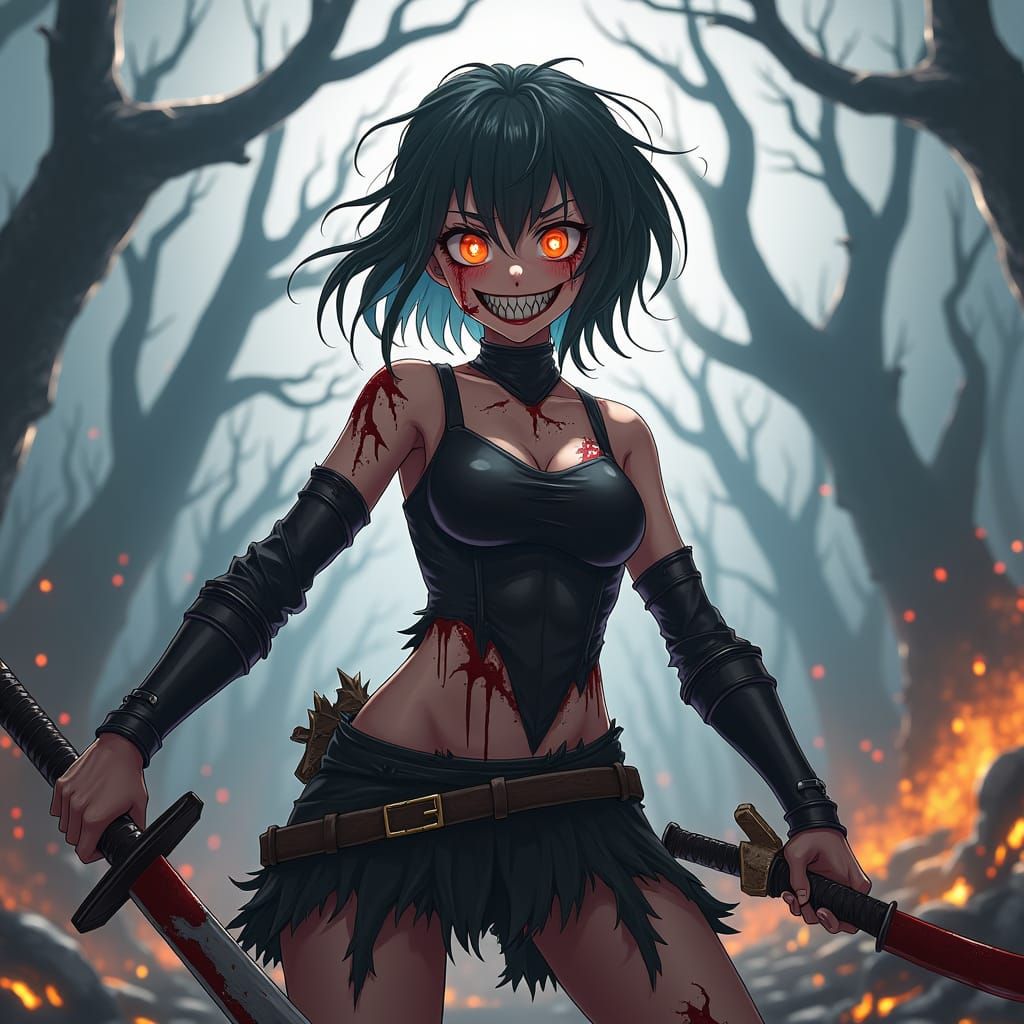 Frenzied Anime Warrior in Desolate Landscape