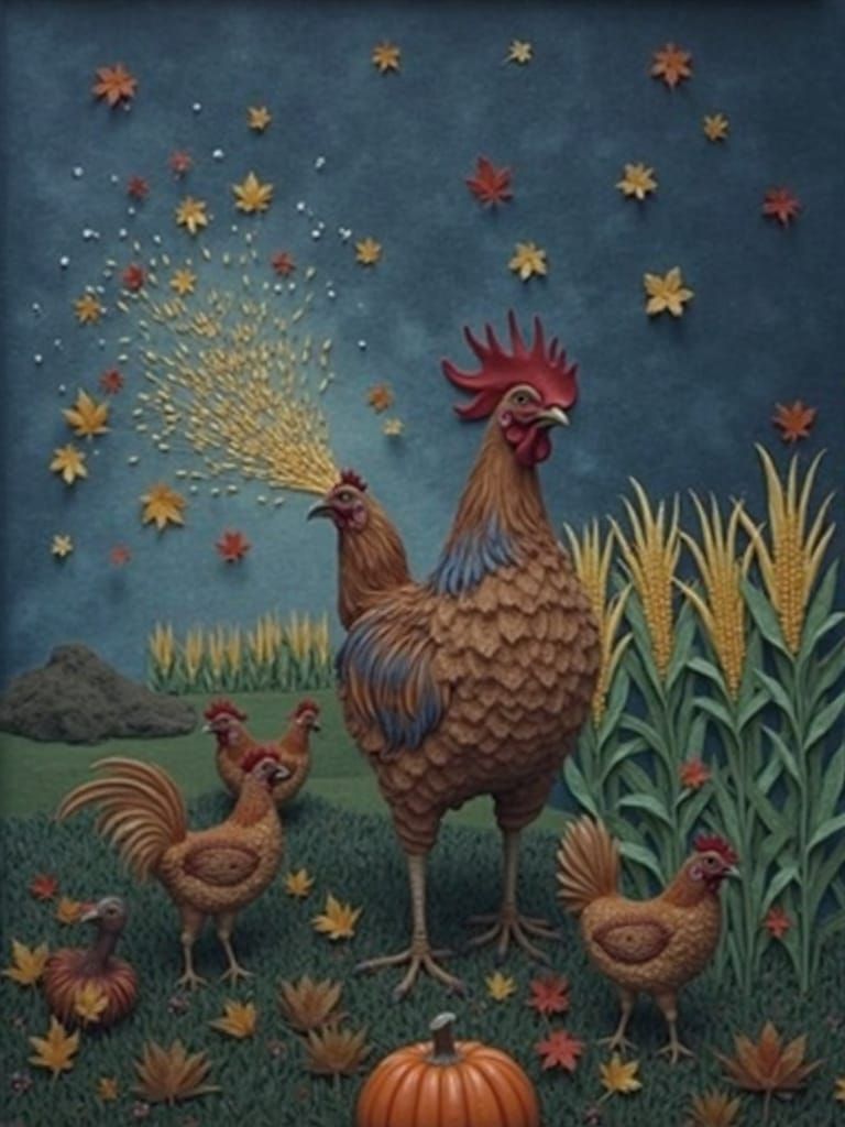 Rooster and Hens Playing in Autumn Leaves Collage