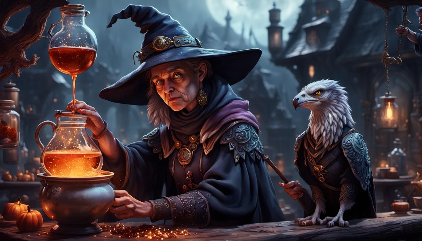 Fantasy Witch Brews Potion with Griffin Assistant
