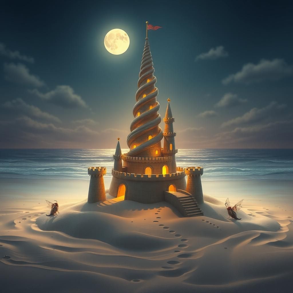 Magical Sandcastle on Moonlit Beach: Fantasy Illustration