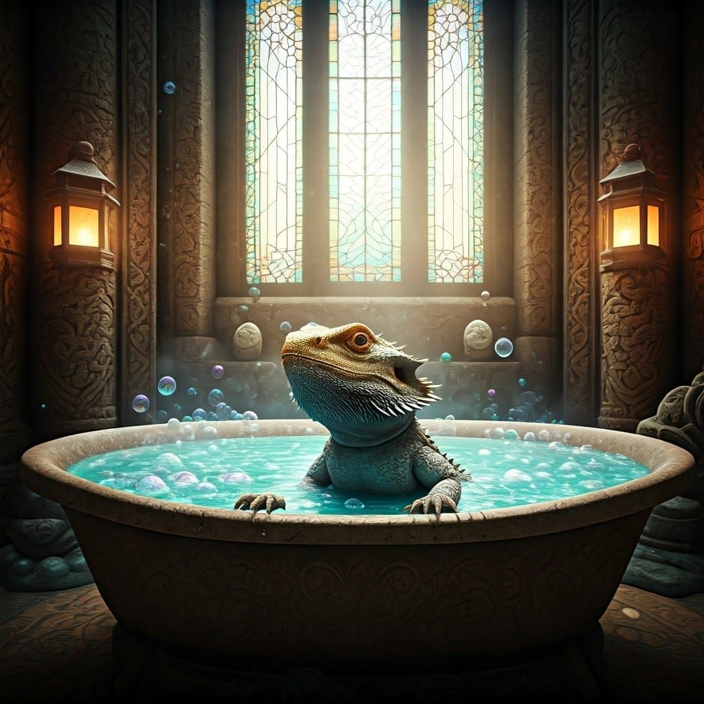 Bearded Dragon's Bubble Bath in Mystical Setting
