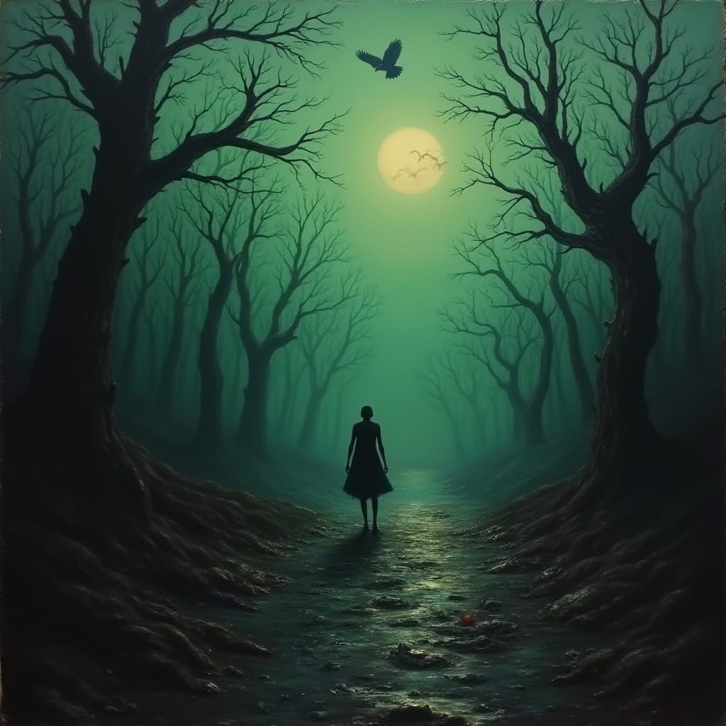 Surreal Dark Fantasy Oil Painting of a Fleeing Figure in a H...