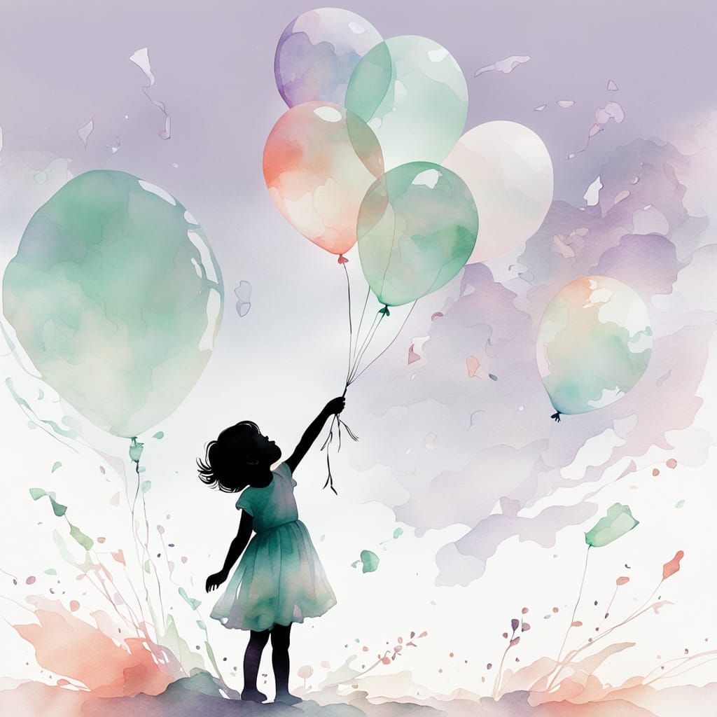Child with Balloon: Minimalist Watercolor Silhouette