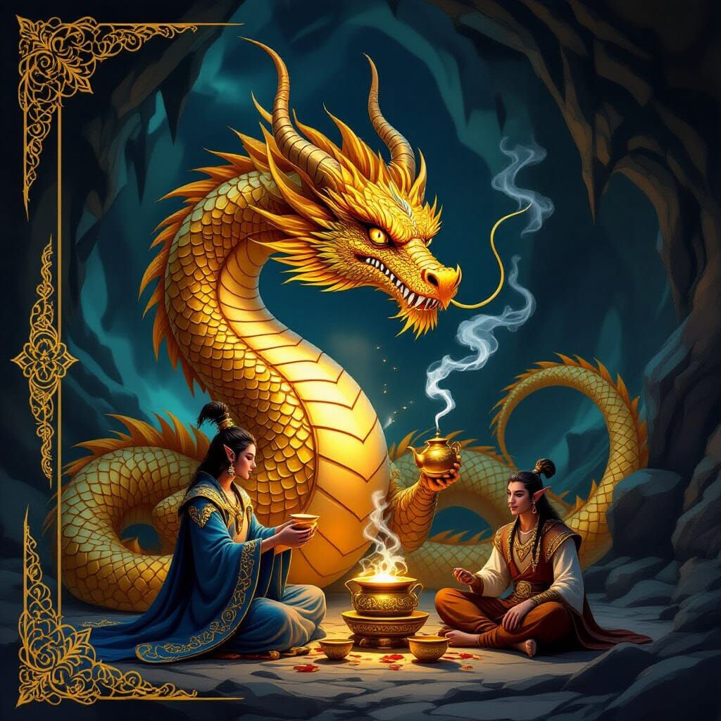 Golden Dragon and Mystical Tea Ceremony Digital Painting