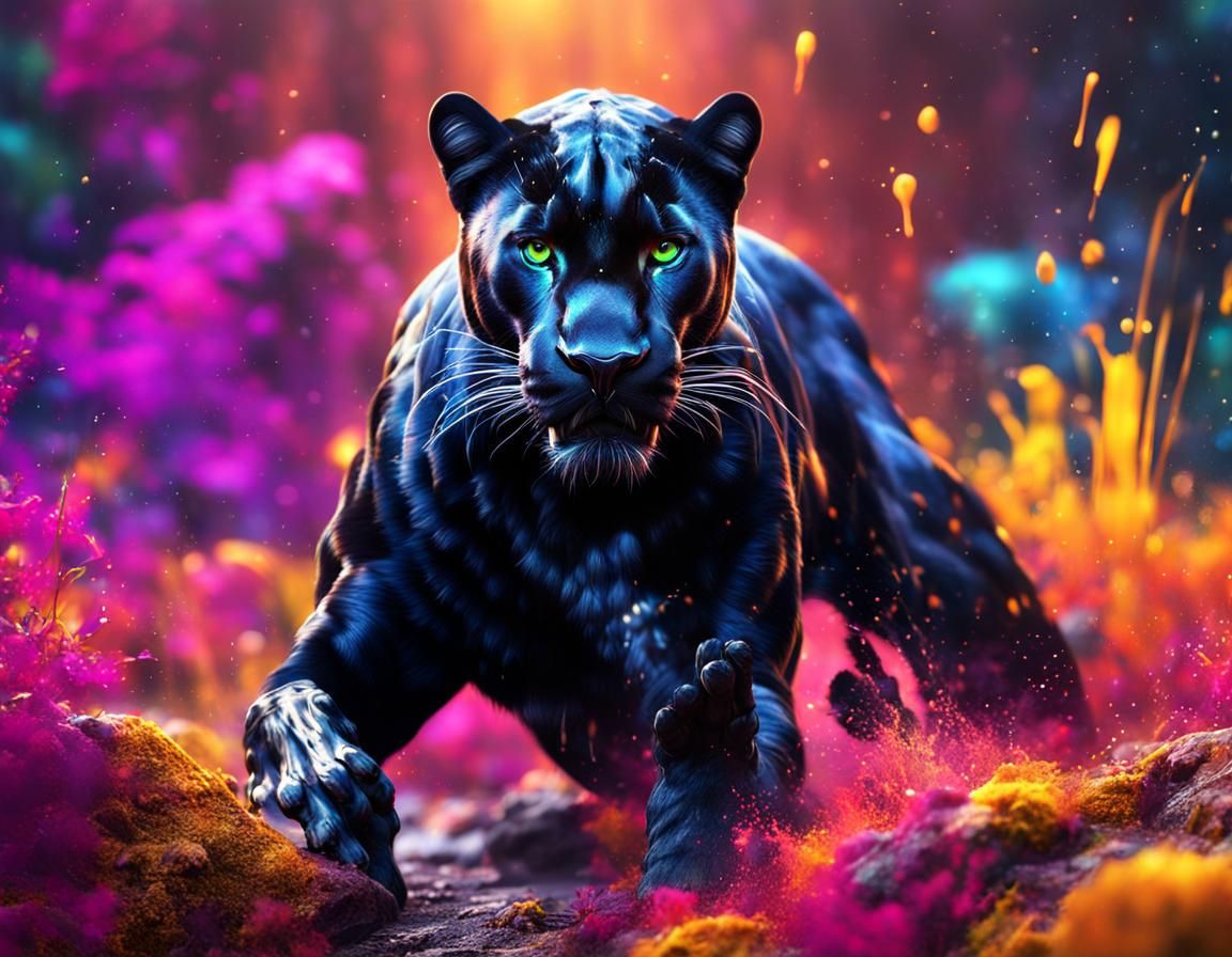 Colorful Black Panther Painting with Paint Splashes