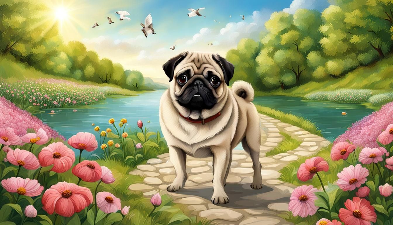 Pugs Strolling by River with Flowers