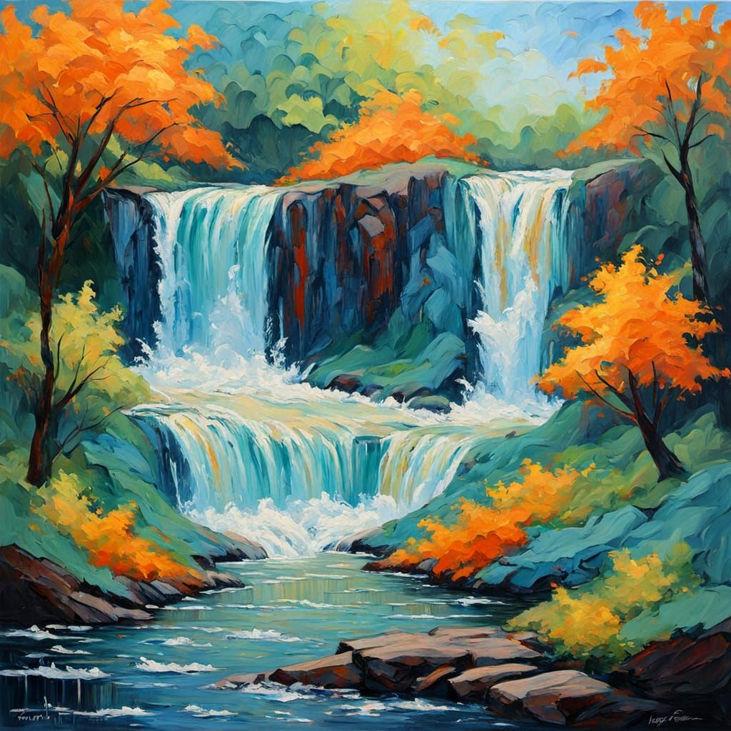 Neo-Impressionist Waterfall Painting in Oil