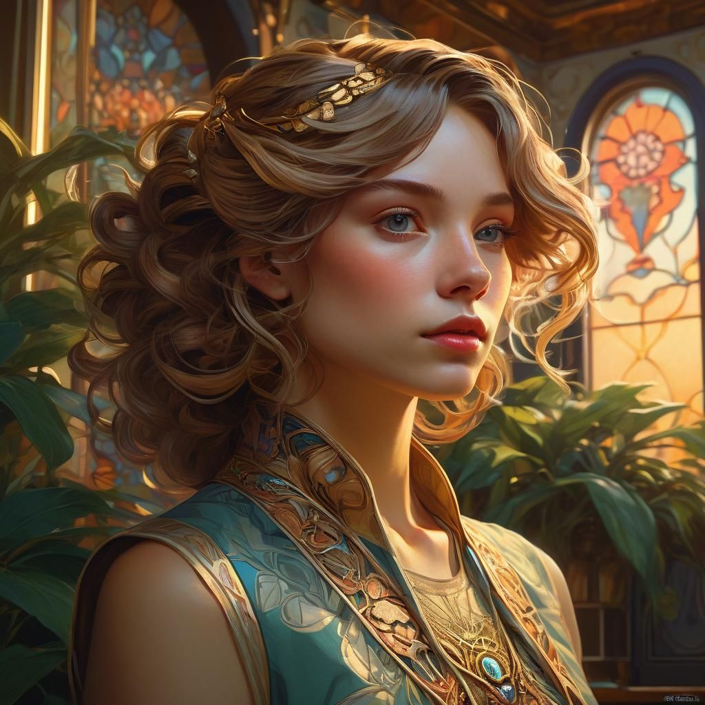 Woman and Victorian Mansion in Art Nouveau Style