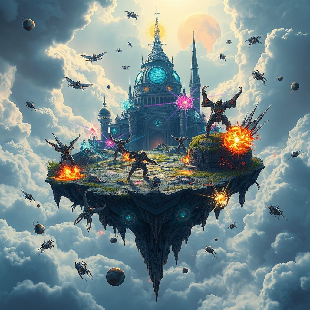 Chaotic Battle on Floating Island: A Surreal Utopia