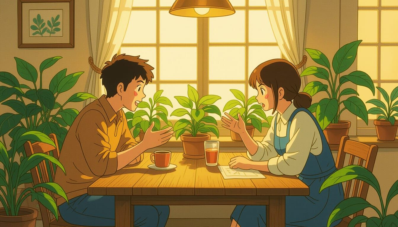 Passionate Conversation in Ghibli-Inspired Setting