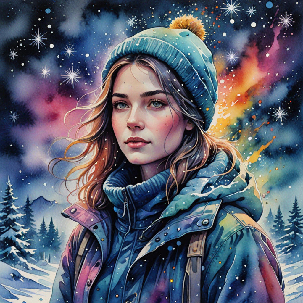 Surreal Watercolour Depiction of a Woman in Winter Wonderlan...