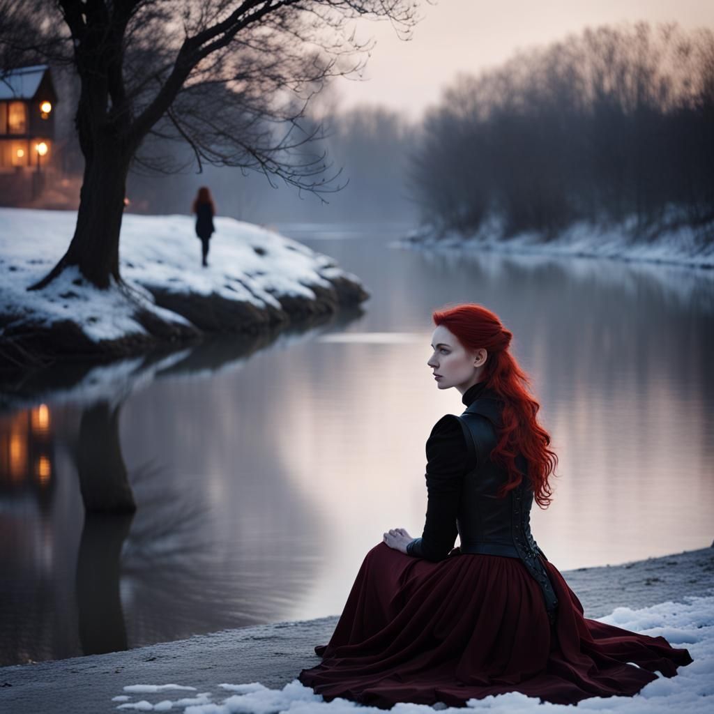 Fantasy Winter Riverscape with Red-Haired Woman