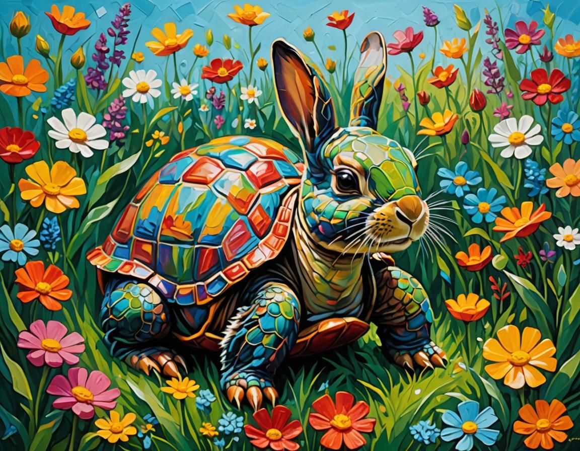 Rabbit and Turtle in Flower Field as Impasto Painting