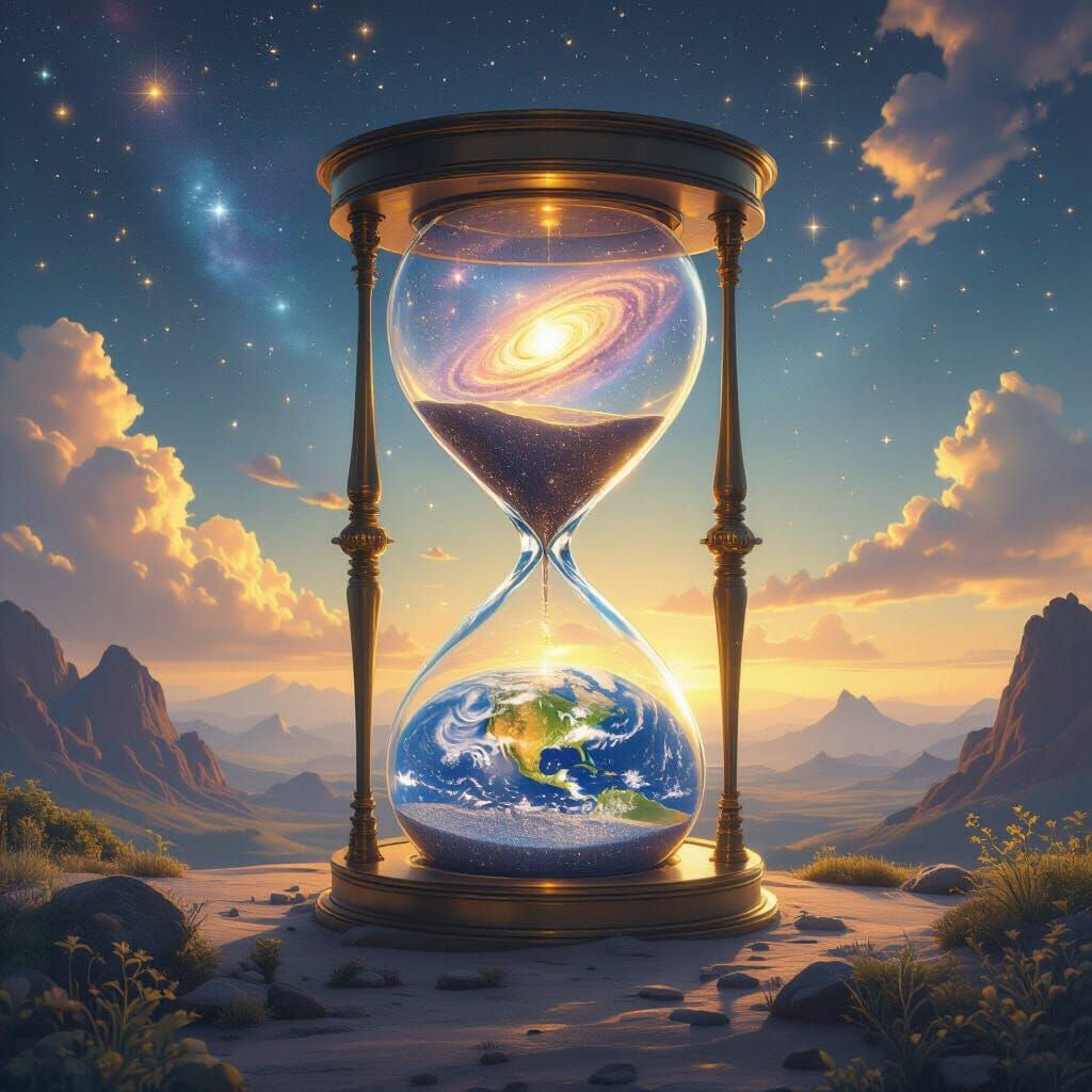 Ethereal Hourglass in Space with Earthly Landscape