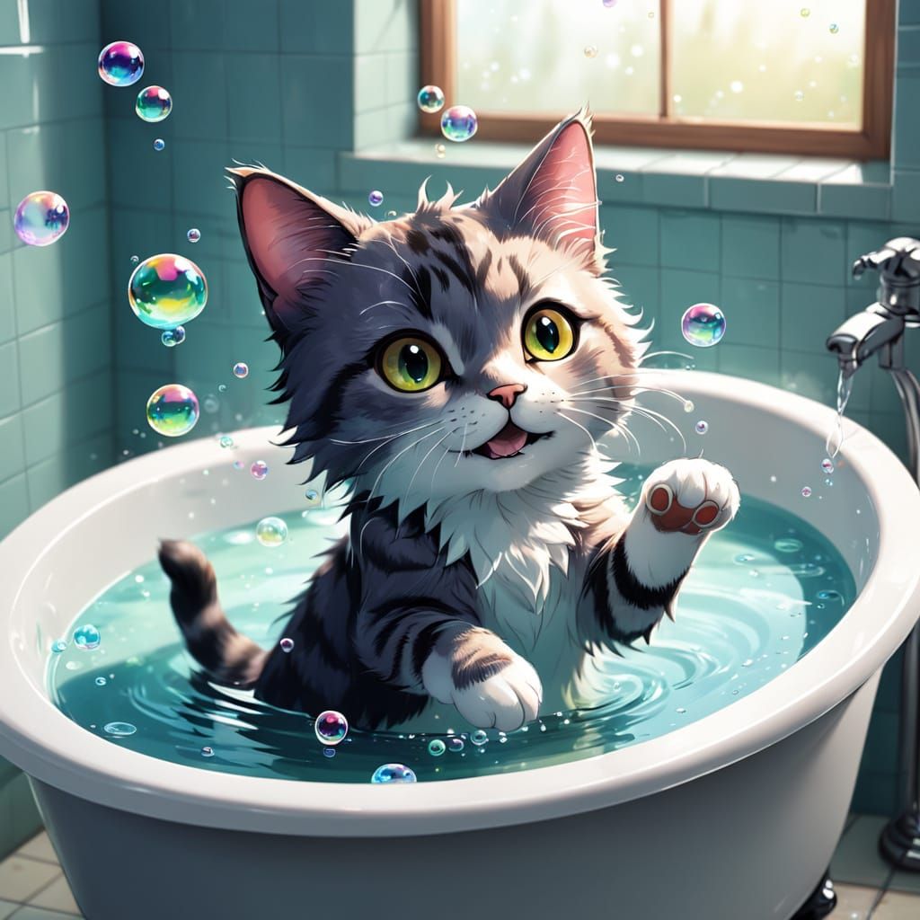 Whimsical Anime Fairy Cat in a Bubbly Tub