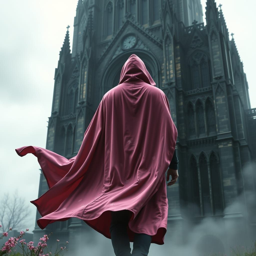 Mysterious Traveler Approaches Gothic Cathedral