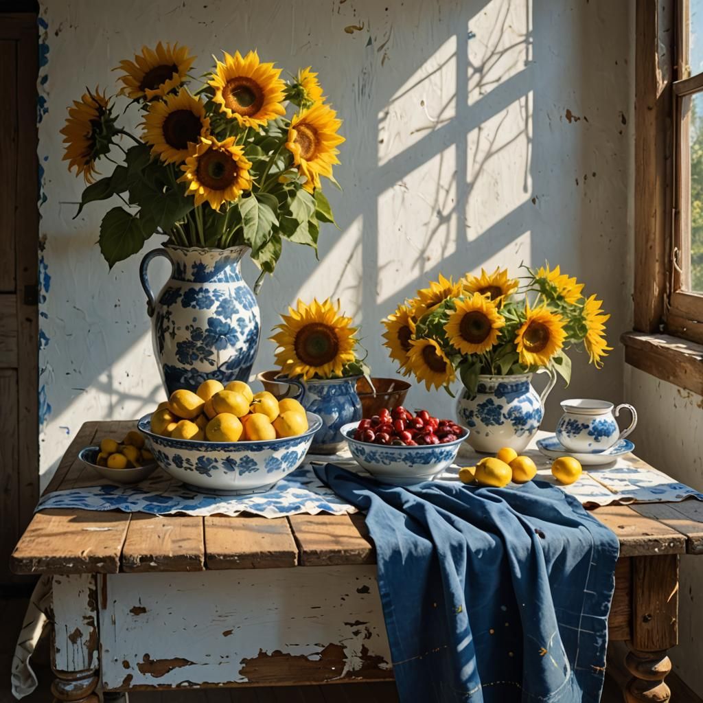 Sunflowers and Cherries with Ukrainian Flag, Hyperrealist Pa...