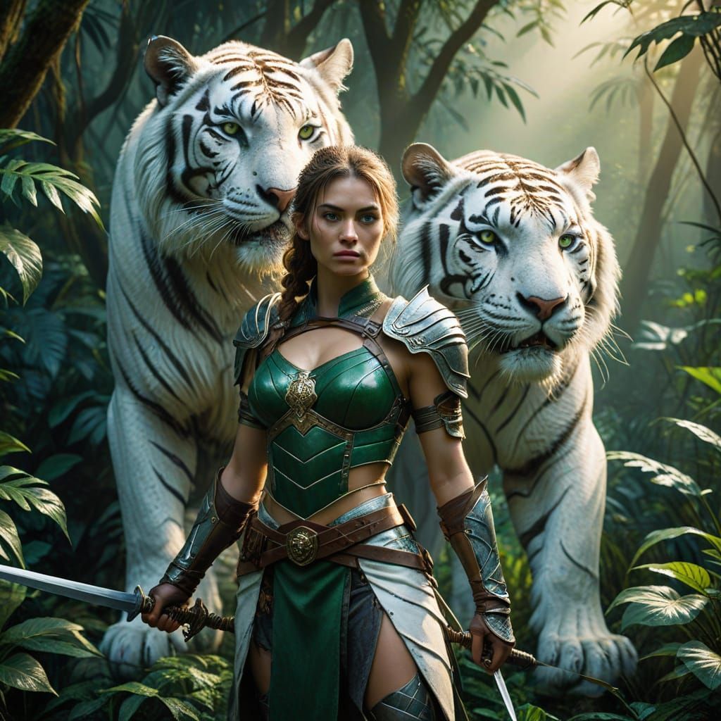 Fantasy Ranger and White Tiger in Jungle