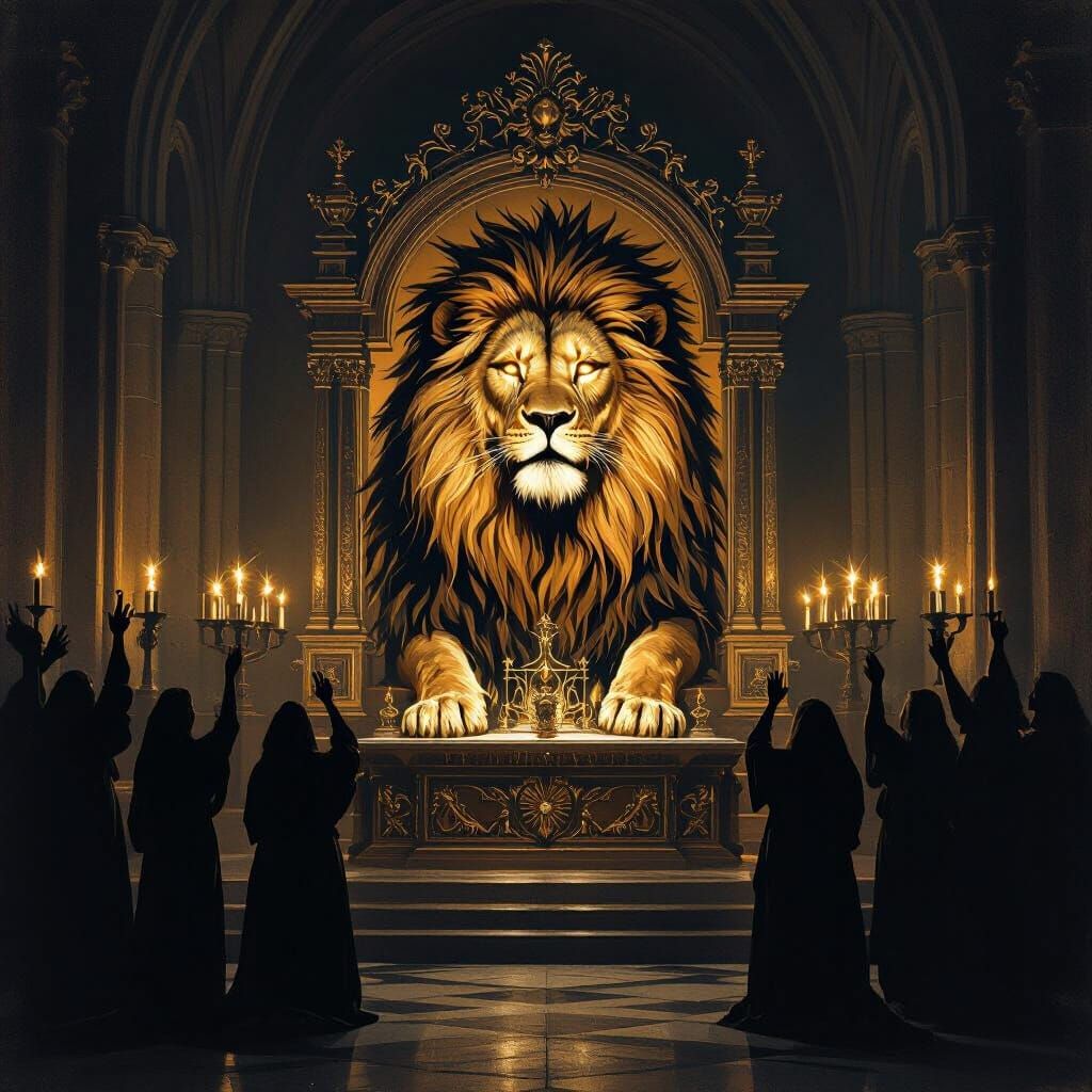 Divine Lion Altarpiece in Dramatic Chiaroscuro Style