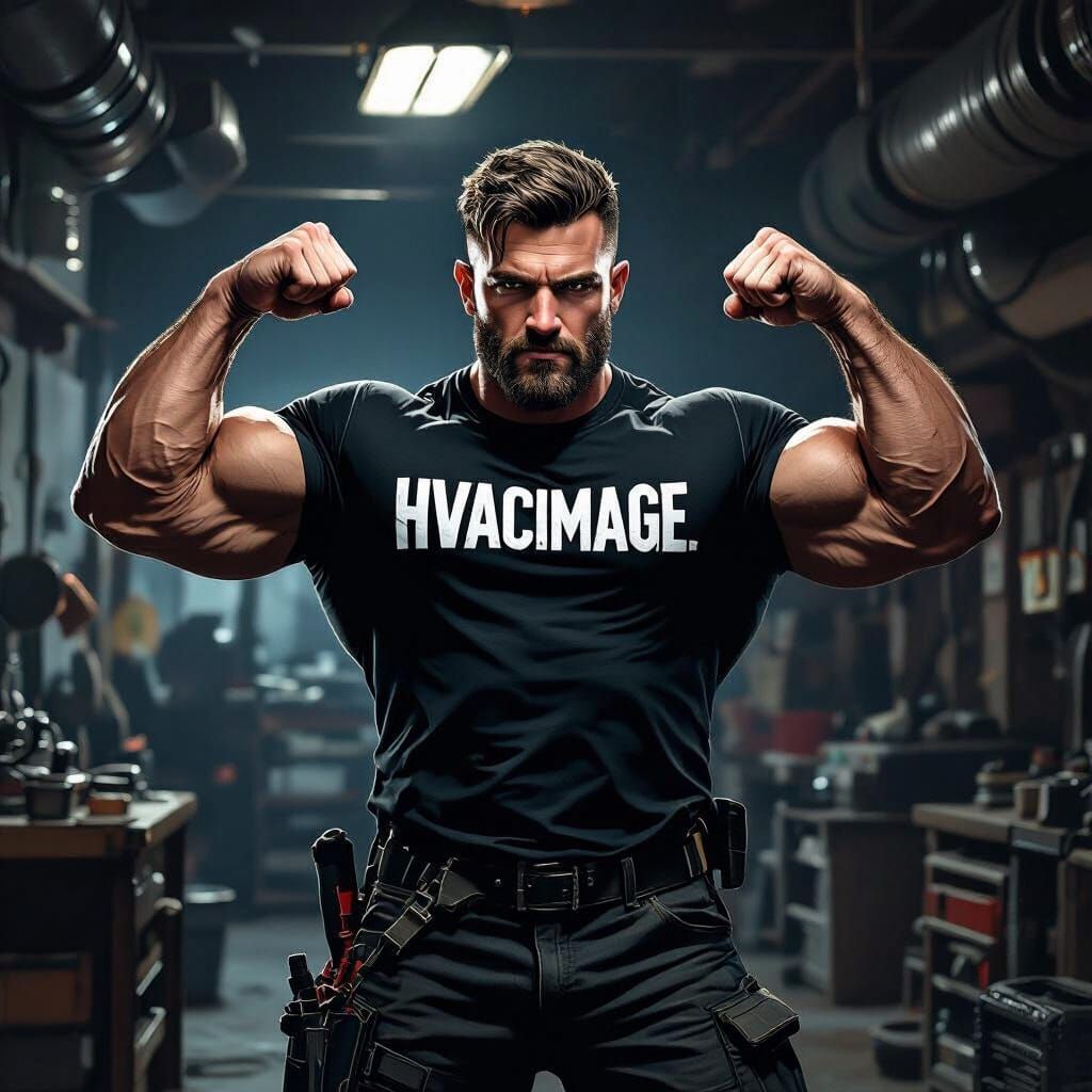 Muscular HVAC Tech in Dramatic Workshop Lighting