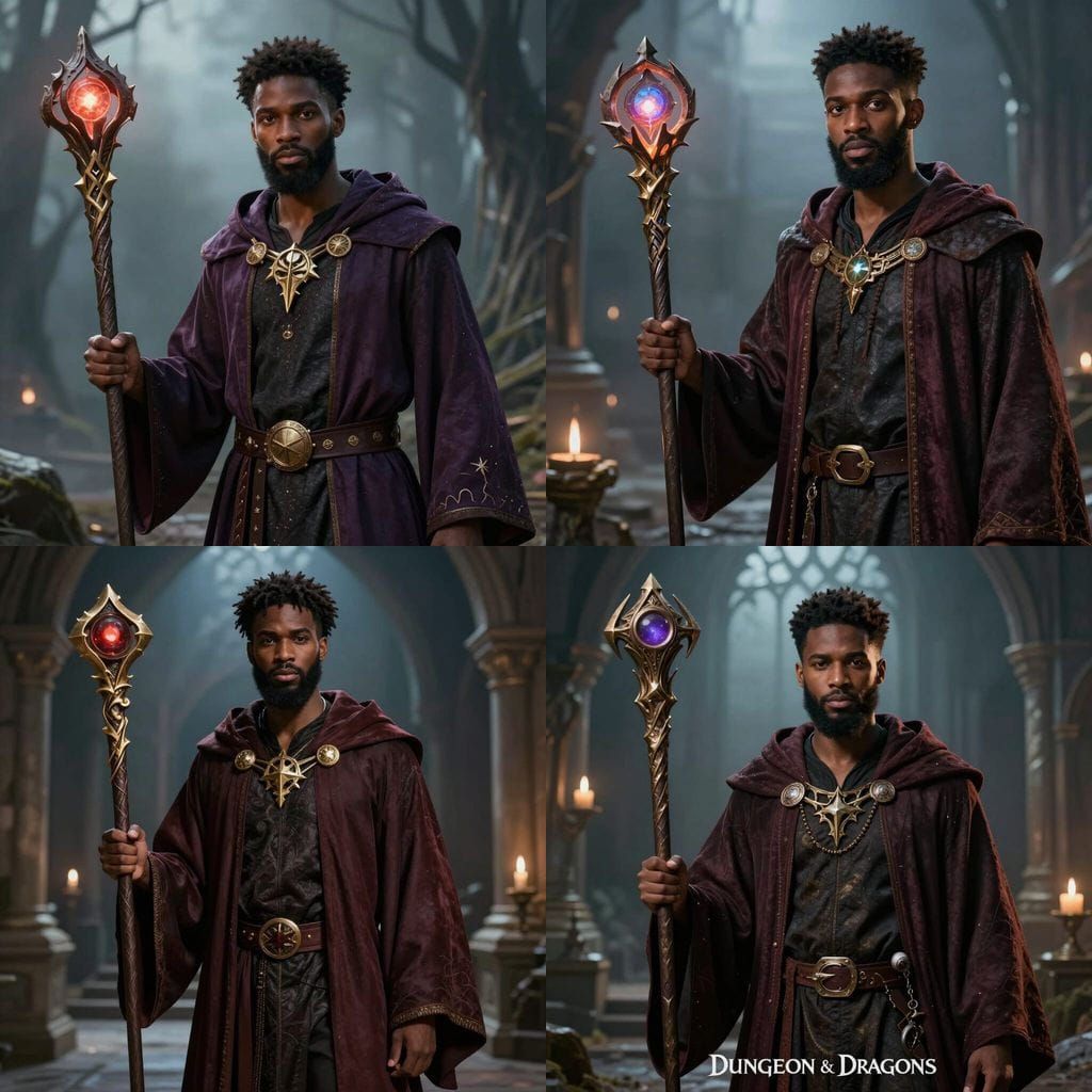 Young African American Wizard with Beard Holding Magic Staff