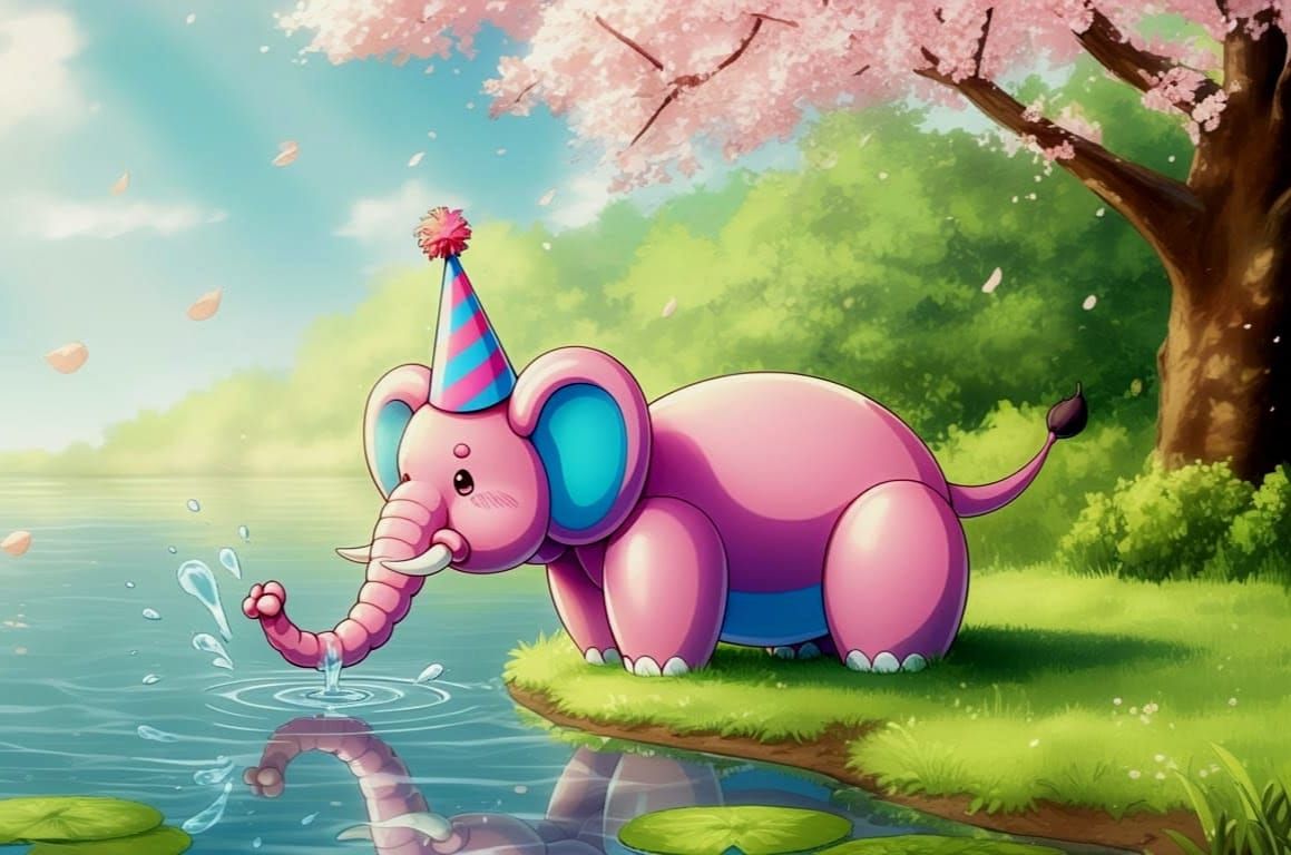 Balloon Animal Elephant Drinks from Lake: Anime Style