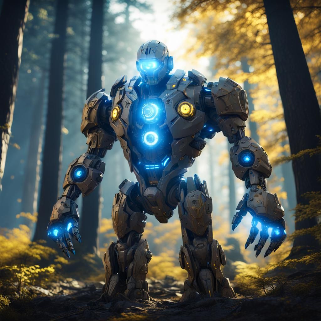 Stony Forest Golem with Energy Core in Sci-Fi Style
