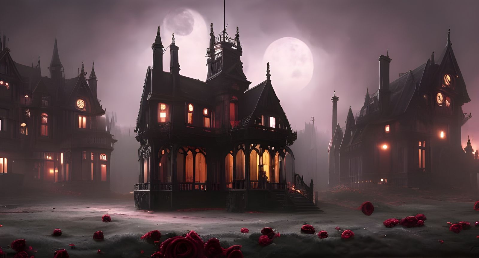 Dark Victorian Gothic Mansion with Pink Roses