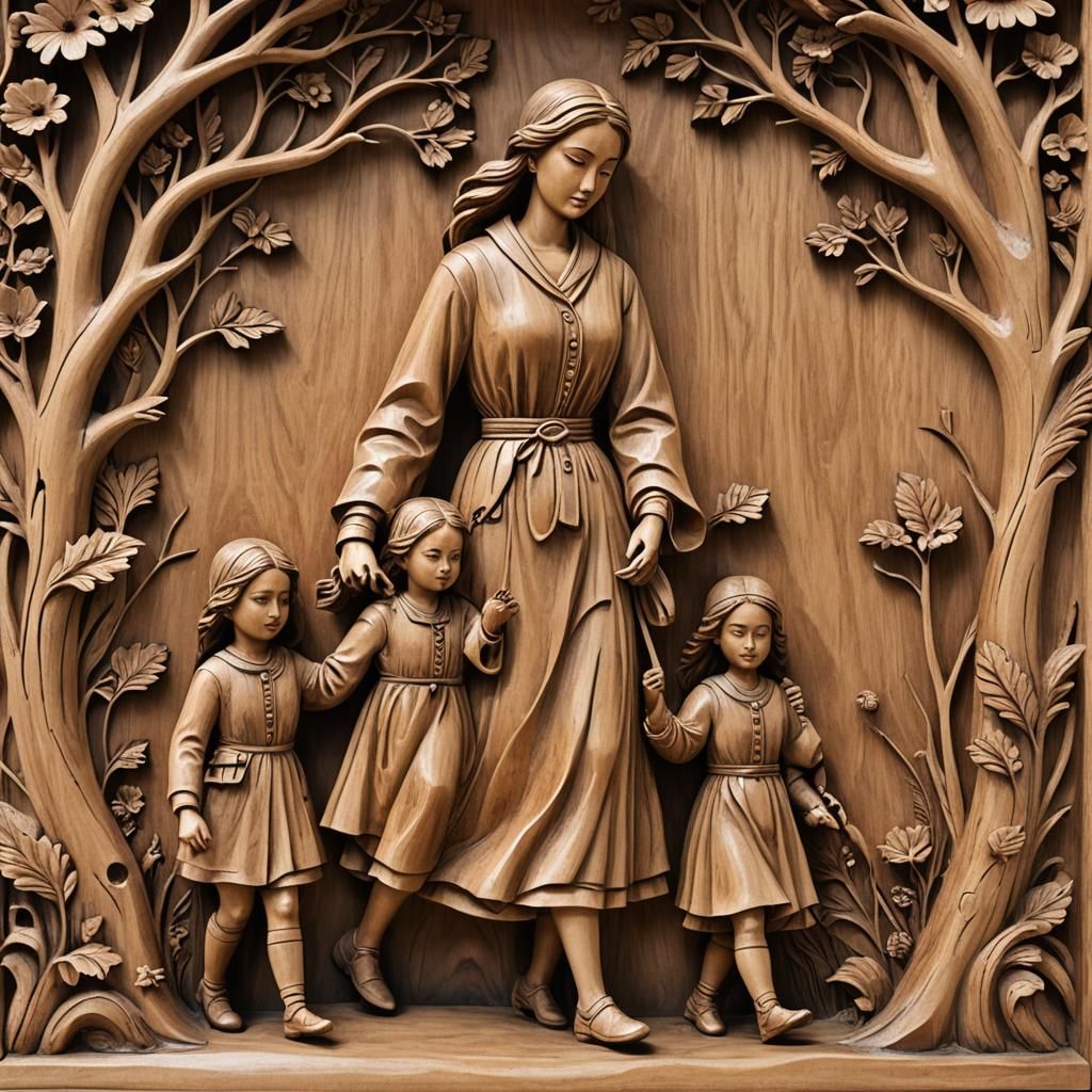 Detailed Wood Carving of a Mother and Children