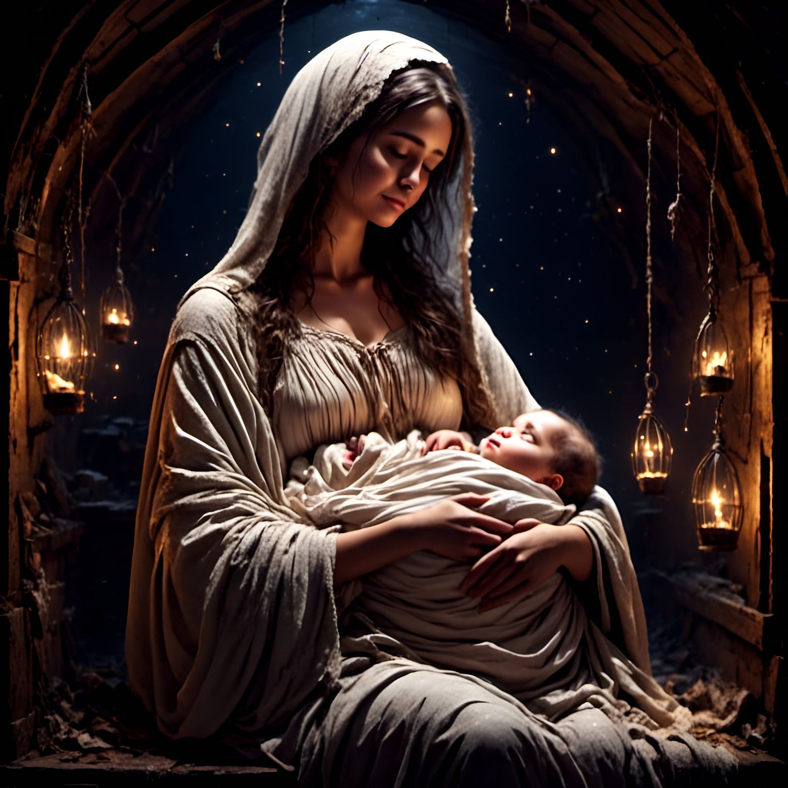 Mary and Baby Jesus Portrait in Manger Scene