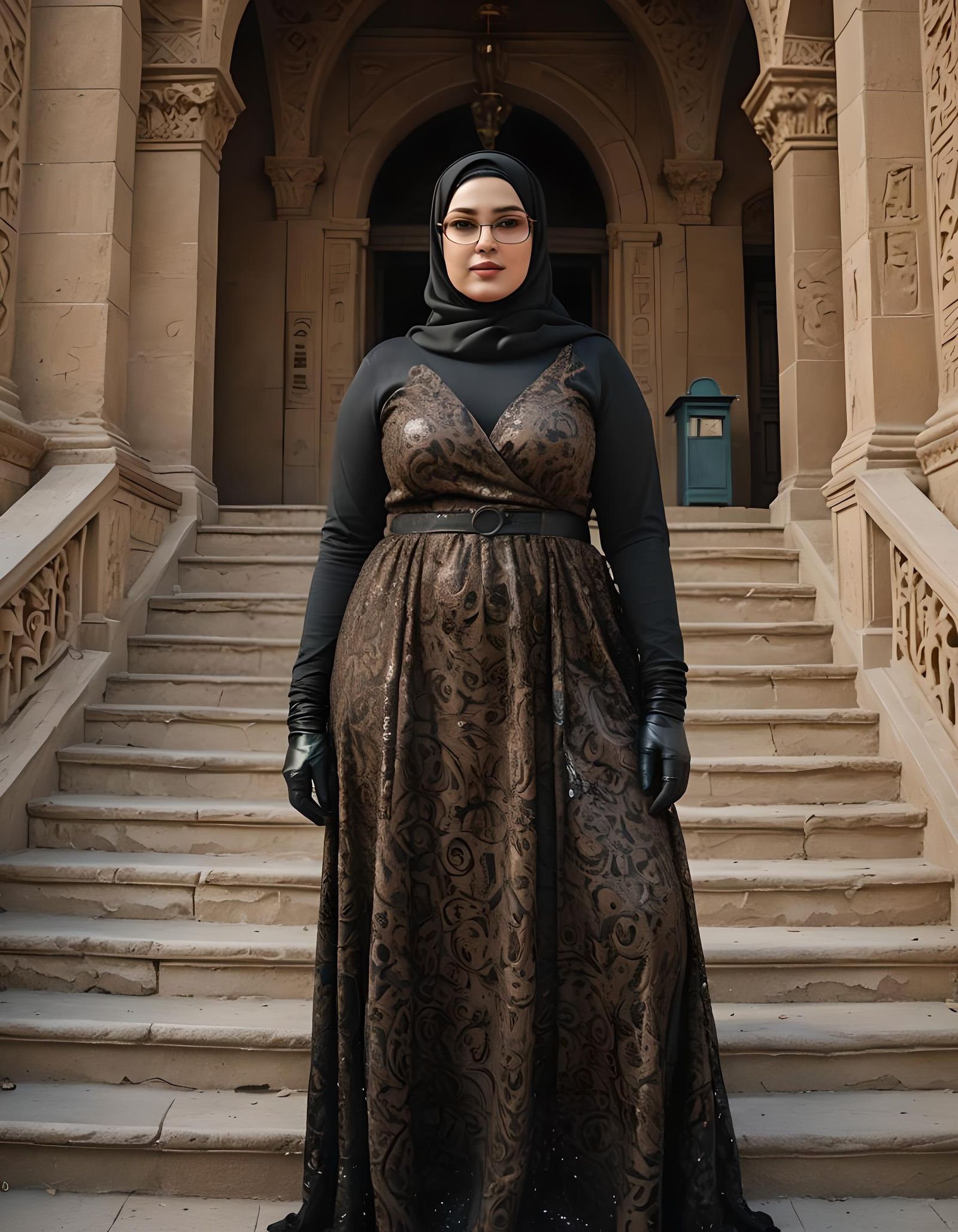 Egyptian Woman in Hijab on Palace Stairs